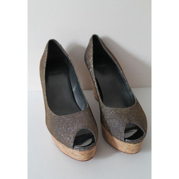 Stuart Weitzman Anna Corkswoon Platform Wedge Peep Toe Pumps Size 10 Pyritte - Picture 2 of 11
